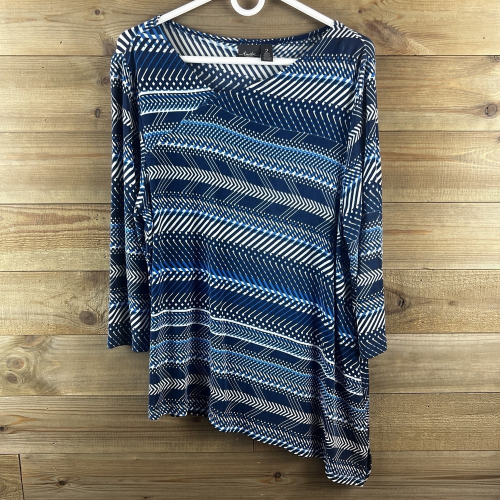 Travelers By Chicos Womens Shirt 3/4 Sleeve Asymmetrical Hem Striped 2 Large